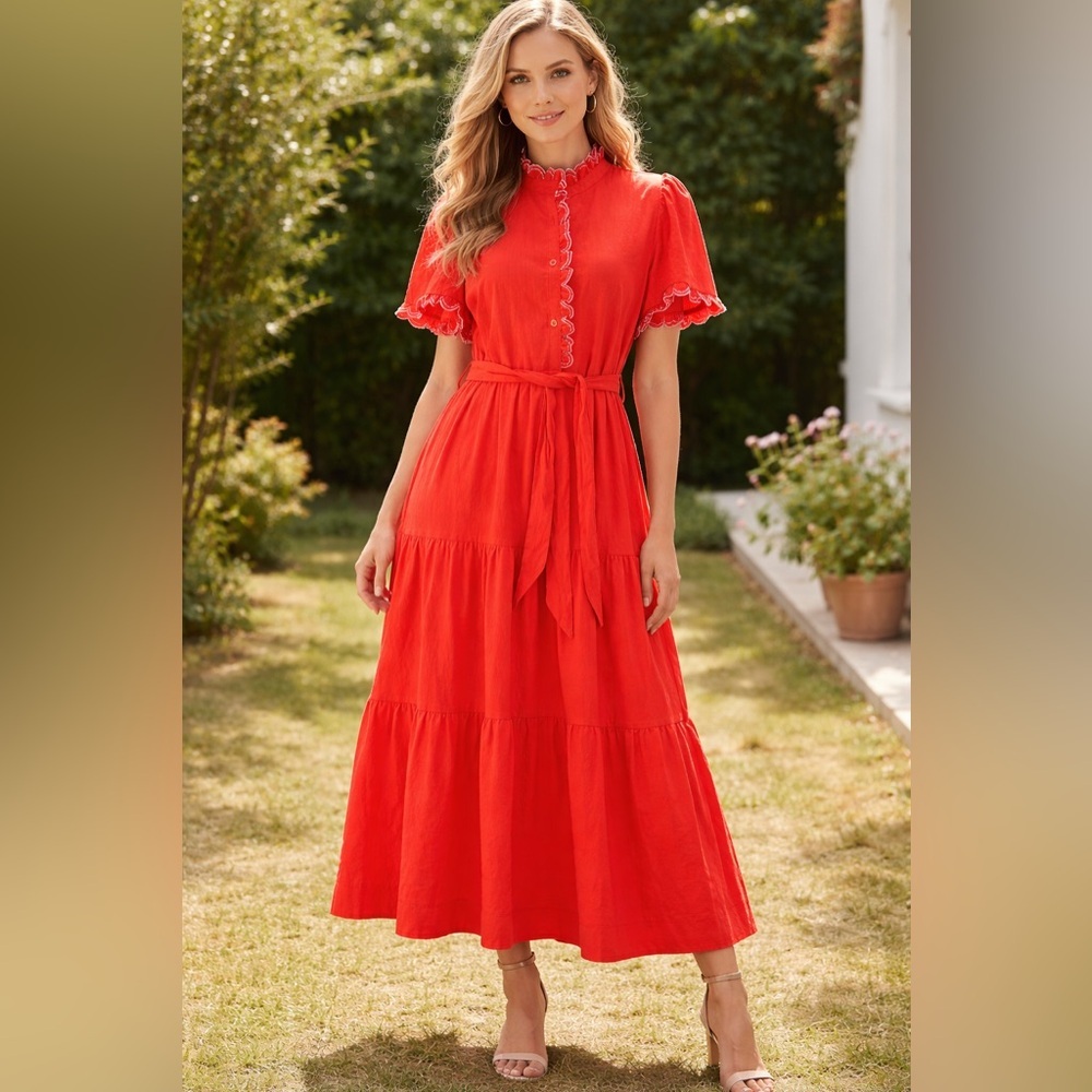 NWT! UMGEE Orange 100% cotton Tiered Maxi Dress M ruffle button belted short sl.